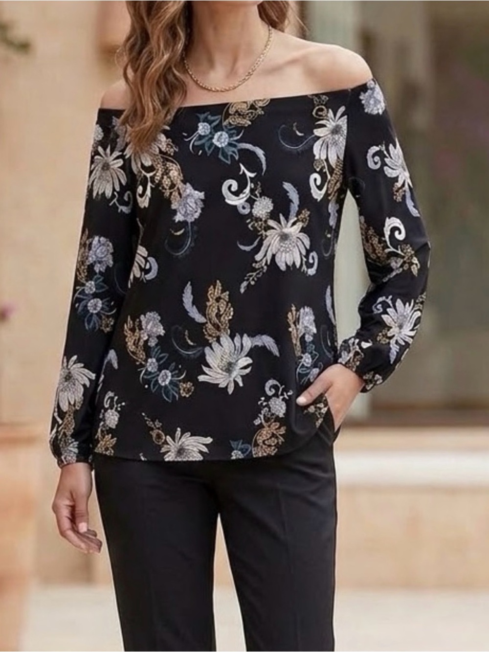 Boston Proper Travel -Off-Shoulder Black Floral Long-Sleeve Top